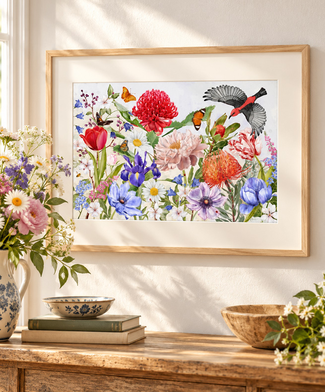 Framed watercolour print of a red waratah, a uniquely Australian native flower, with a scarlet honeyeater, peony, iris, anemones and butterflies, in an oak frame above a rustic sideboard